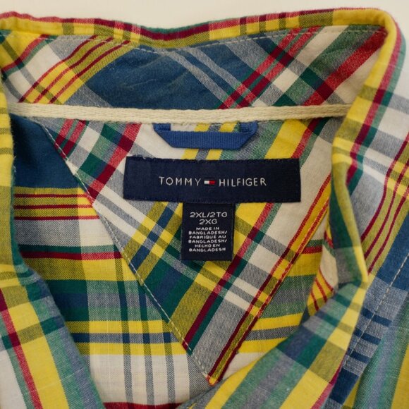 Tommy Hilfiger Plaid Short Sleeve Plaid Button Down 2XL Blue White Green Yellow - Picture 8 of 11